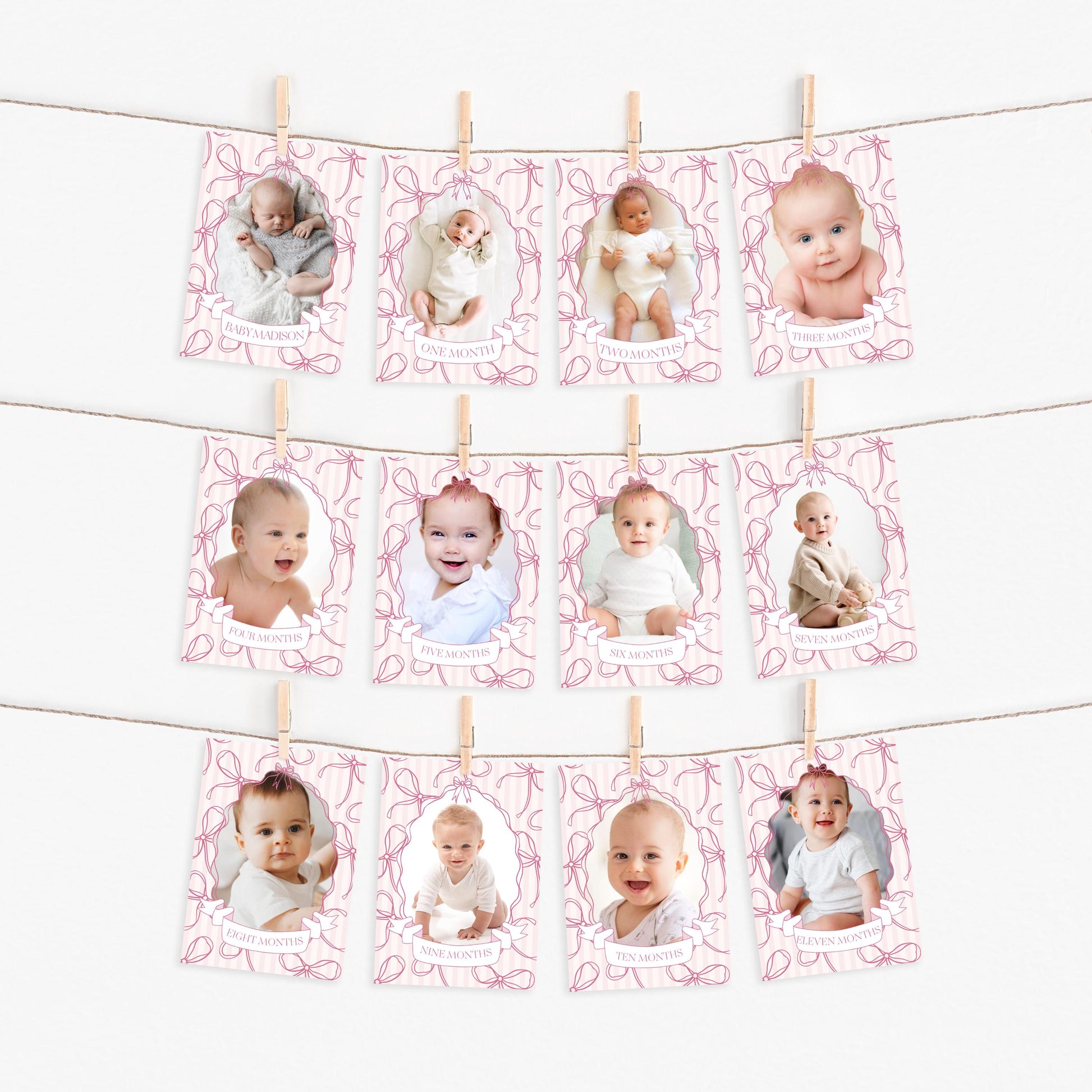 Pink Coquette Bow 1st Birthday Milestone Banner Template, Pastel Pink Grandmillennial Theme 1st Birthday Party Whimsical Bow WP1060