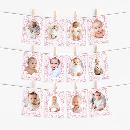 Pink Coquette Bow 1st Birthday Milestone Banner Template, Pastel Pink Grandmillennial Theme 1st Birthday Party Whimsical Bow WP1060