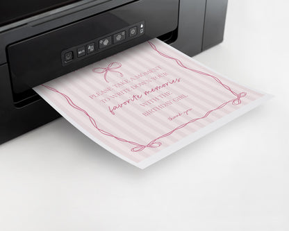 Pink Coquette Bow Favorite Memories Birthday Girl Template, Pastel Pink Grandmillennial Theme Birthday Party Whimsical Hand Drawn Bow WP1060