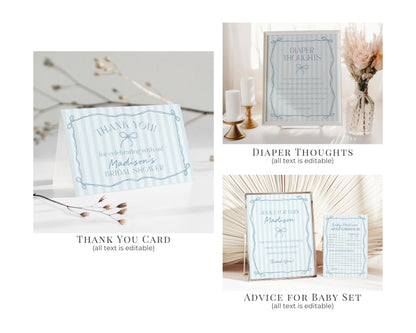 Blue Coquette Bow Baby Shower Bundle Template, Pastel Blue Grandmillennial Theme Baby Sprinkle with Whimsical Hand Drawn Bows WP1061