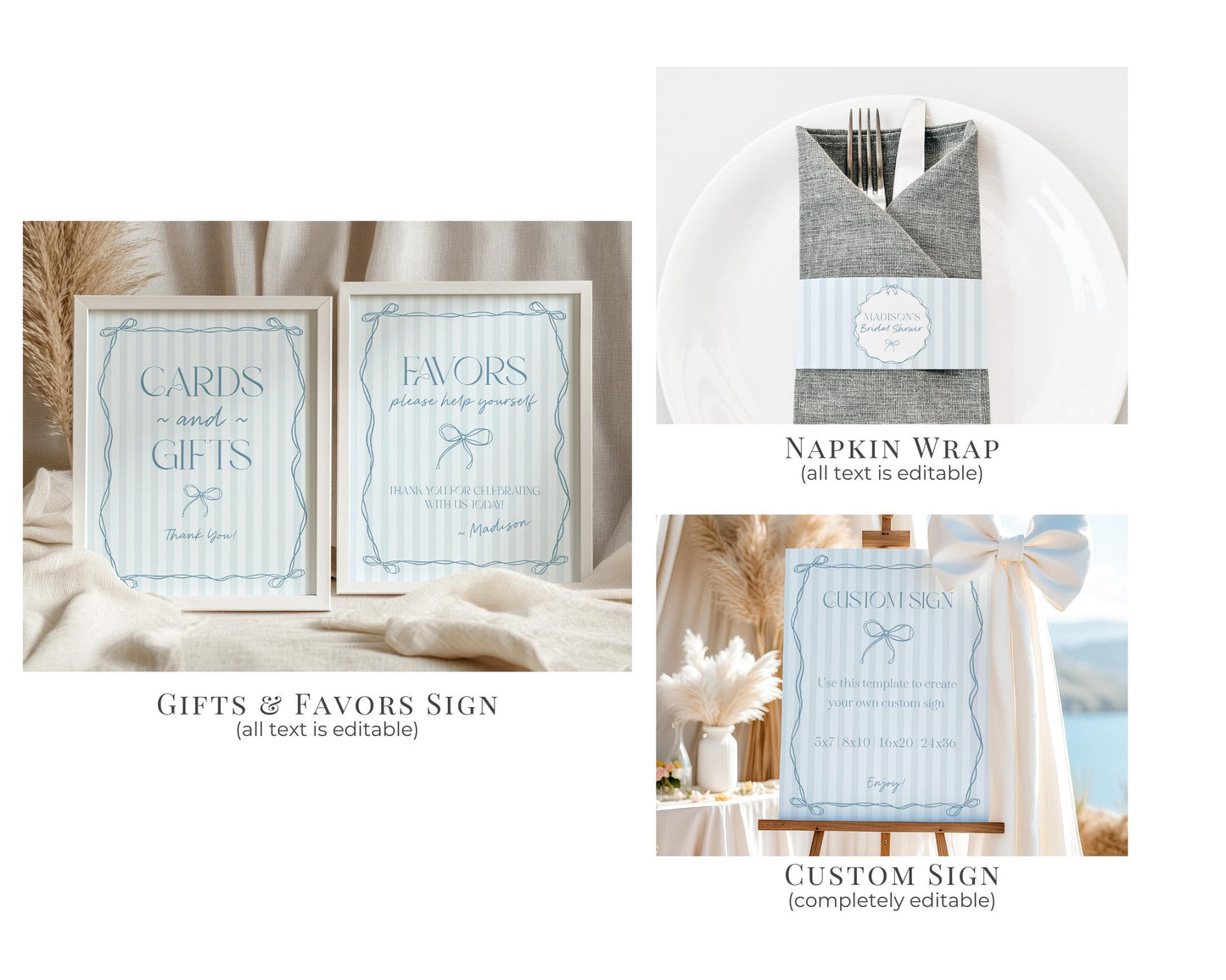 Blue Coquette Bow Baby Shower Bundle Template, Pastel Blue Grandmillennial Theme Baby Sprinkle with Whimsical Hand Drawn Bows WP1061