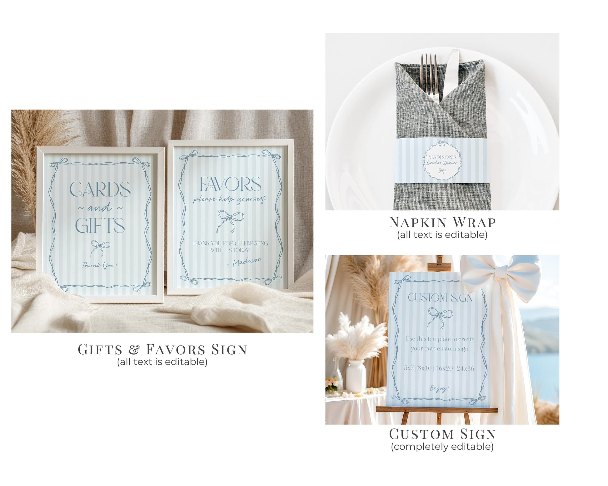 Blue Coquette Bow Baby Shower Bundle Template, Pastel Blue Grandmillennial Theme Baby Sprinkle with Whimsical Hand Drawn Bows WP1061