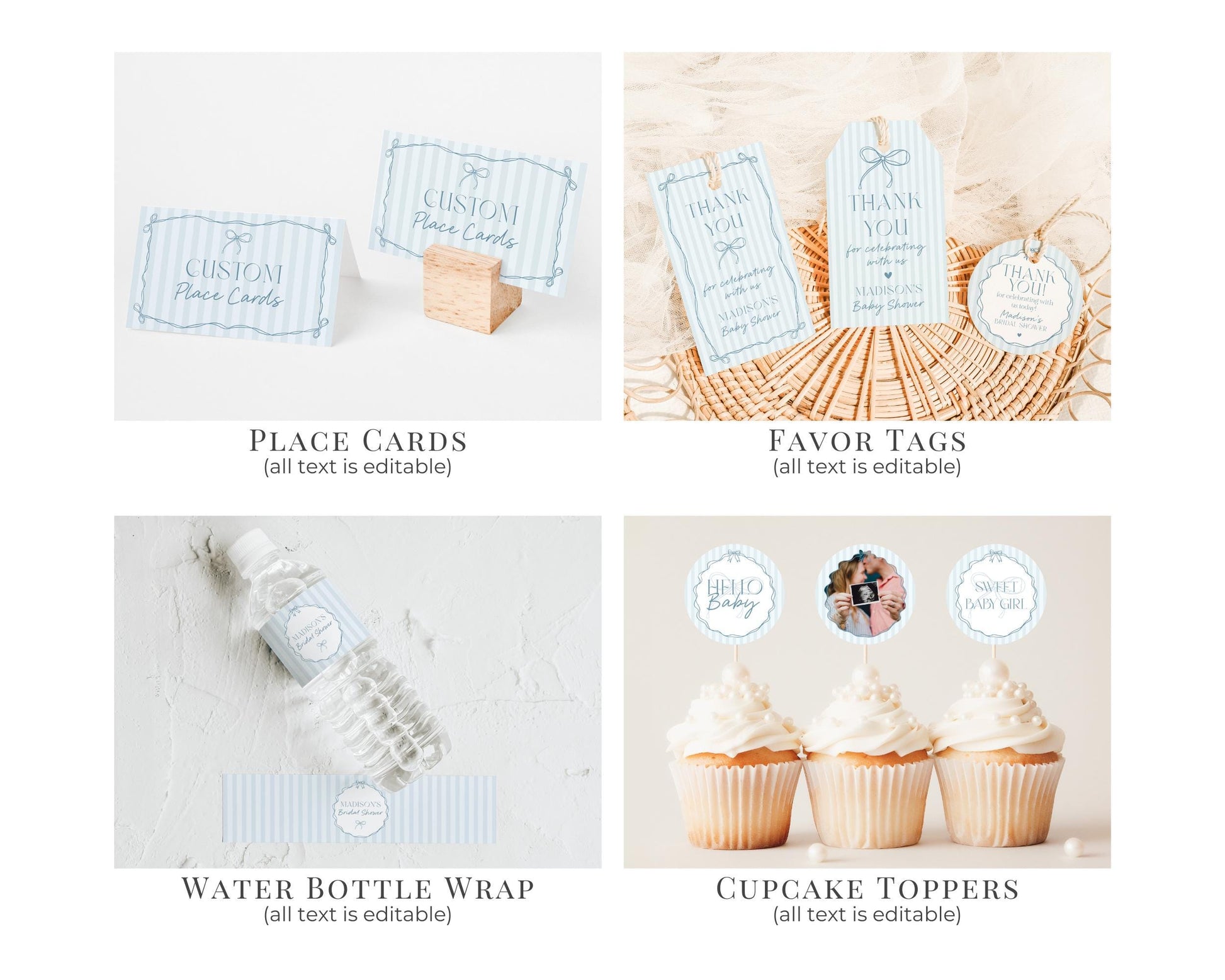 Blue Coquette Bow Baby Shower Bundle Template, Pastel Blue Grandmillennial Theme Baby Sprinkle with Whimsical Hand Drawn Bows WP1061