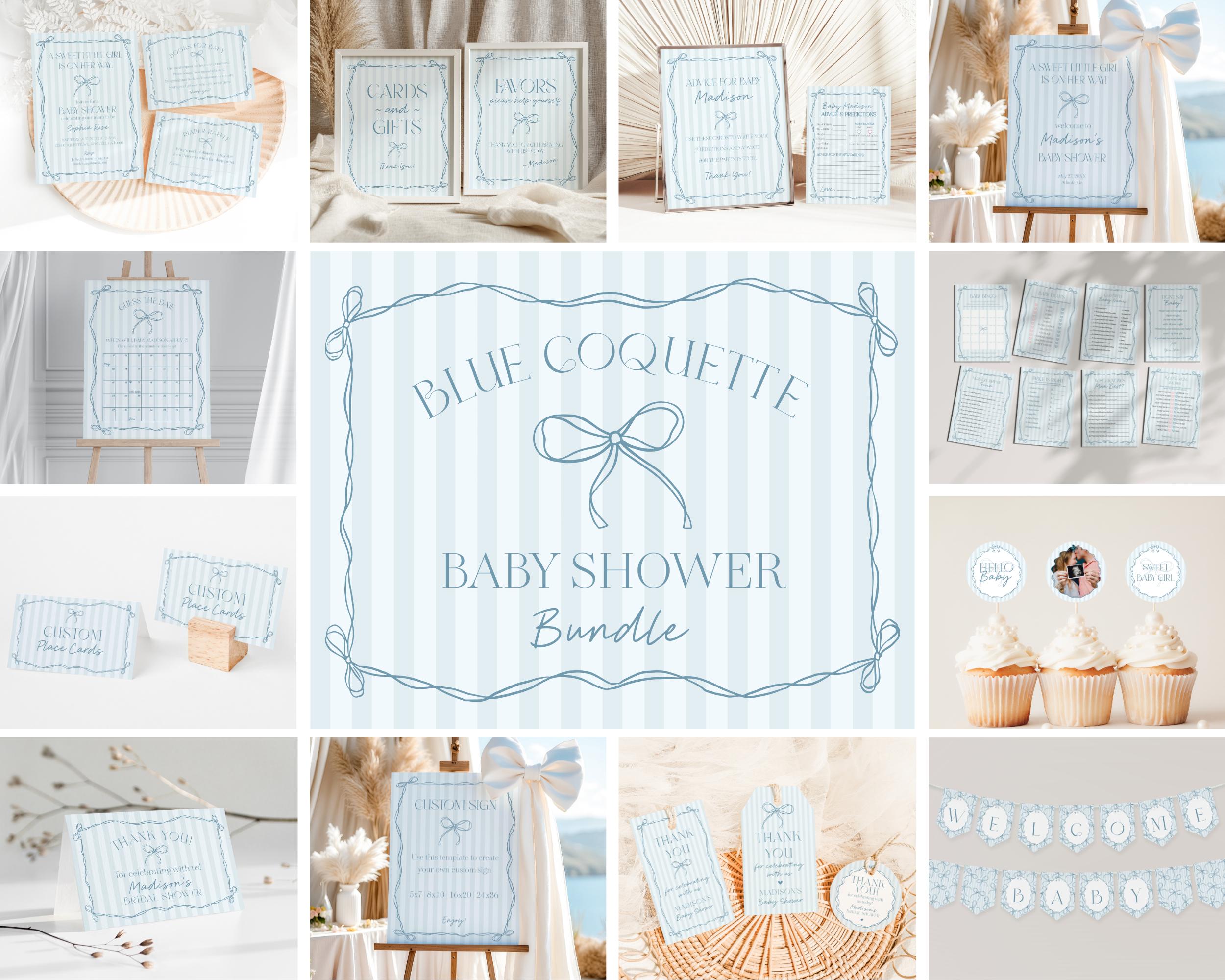 Blue Coquette Bow Baby Shower Bundle Template, Pastel Blue Grandmillennial Theme Baby Sprinkle with Whimsical Hand Drawn Bows WP1061