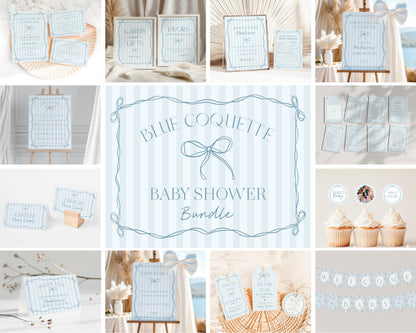Blue Coquette Bow Baby Shower Bundle Template, Pastel Blue Grandmillennial Theme Baby Sprinkle with Whimsical Hand Drawn Bows WP1061