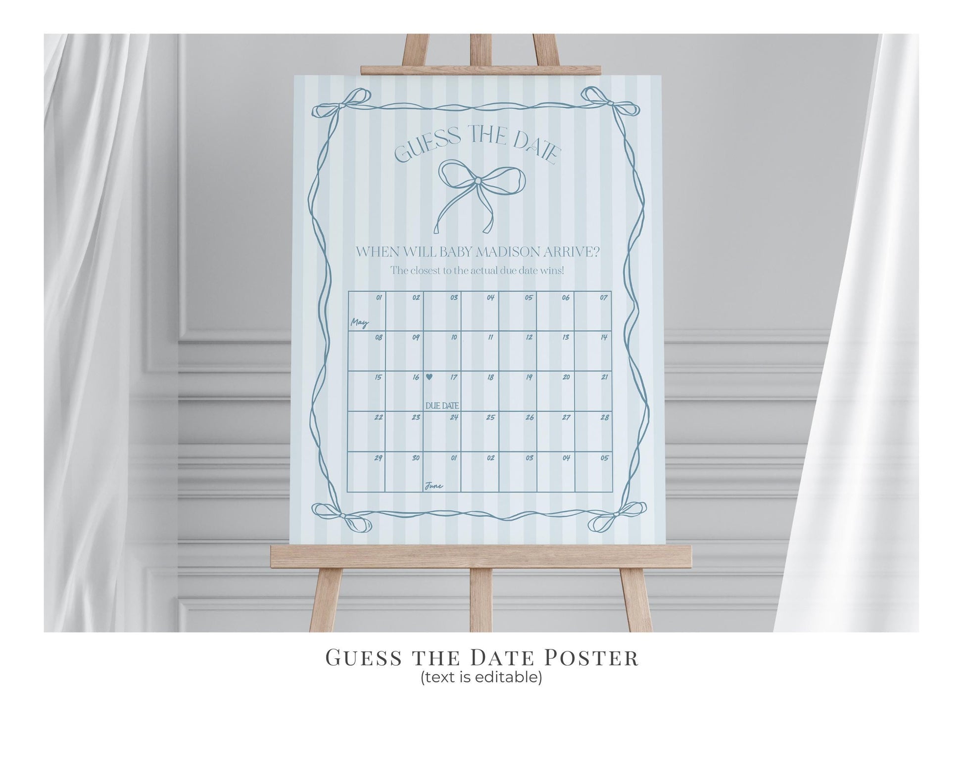 Blue Coquette Bow Baby Shower Bundle Template, Pastel Blue Grandmillennial Theme Baby Sprinkle with Whimsical Hand Drawn Bows WP1061