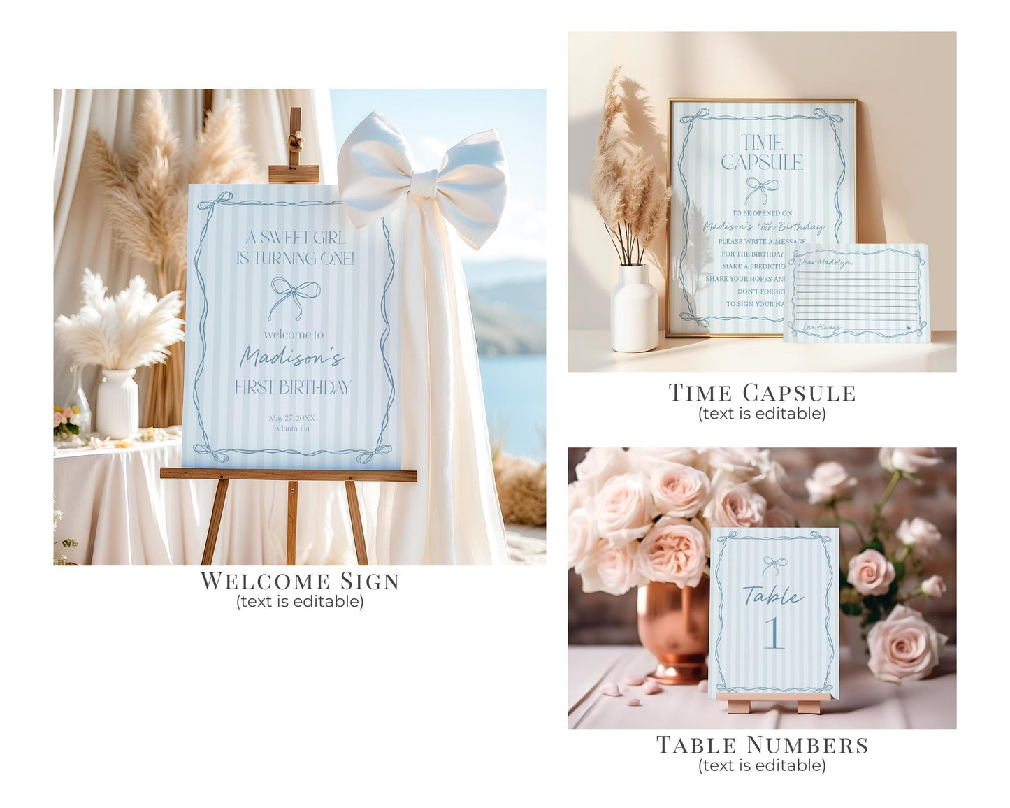 Blue Coquette Bow First Birthday Bundle Template, Pastel Blue Grandmillennial Theme 1st Birthday Party with Whimsical Hand Drawn Bows WP1061