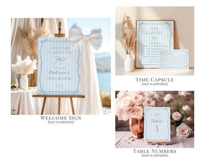 Blue Coquette Bow First Birthday Bundle Template, Pastel Blue Grandmillennial Theme 1st Birthday Party with Whimsical Hand Drawn Bows WP1061