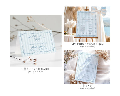Blue Coquette Bow First Birthday Bundle Template, Pastel Blue Grandmillennial Theme 1st Birthday Party with Whimsical Hand Drawn Bows WP1061