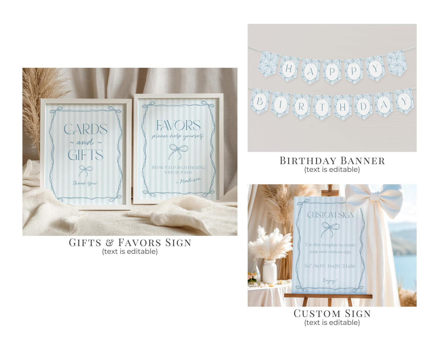 Blue Coquette Bow First Birthday Bundle Template, Pastel Blue Grandmillennial Theme 1st Birthday Party with Whimsical Hand Drawn Bows WP1061