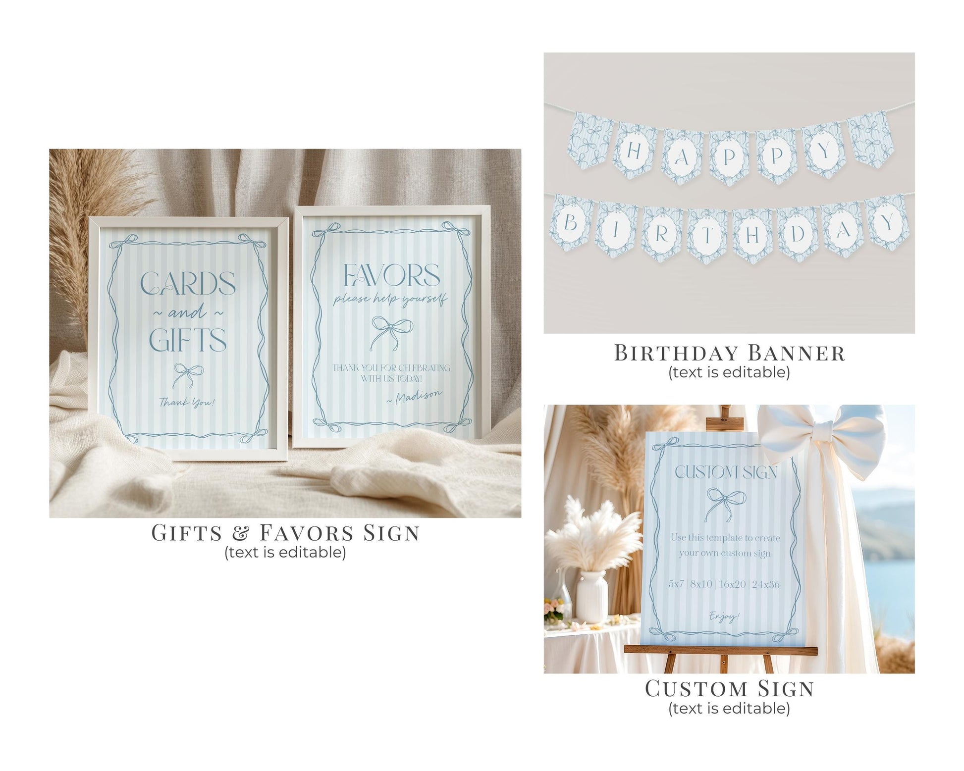 Blue Coquette Bow First Birthday Bundle Template, Pastel Blue Grandmillennial Theme 1st Birthday Party with Whimsical Hand Drawn Bows WP1061