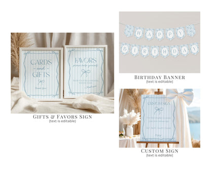 Blue Coquette Bow First Birthday Bundle Template, Pastel Blue Grandmillennial Theme 1st Birthday Party with Whimsical Hand Drawn Bows WP1061