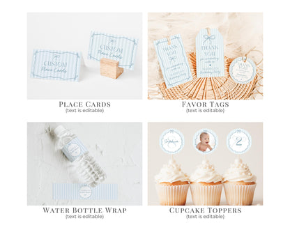 Blue Coquette Bow First Birthday Bundle Template, Pastel Blue Grandmillennial Theme 1st Birthday Party with Whimsical Hand Drawn Bows WP1061