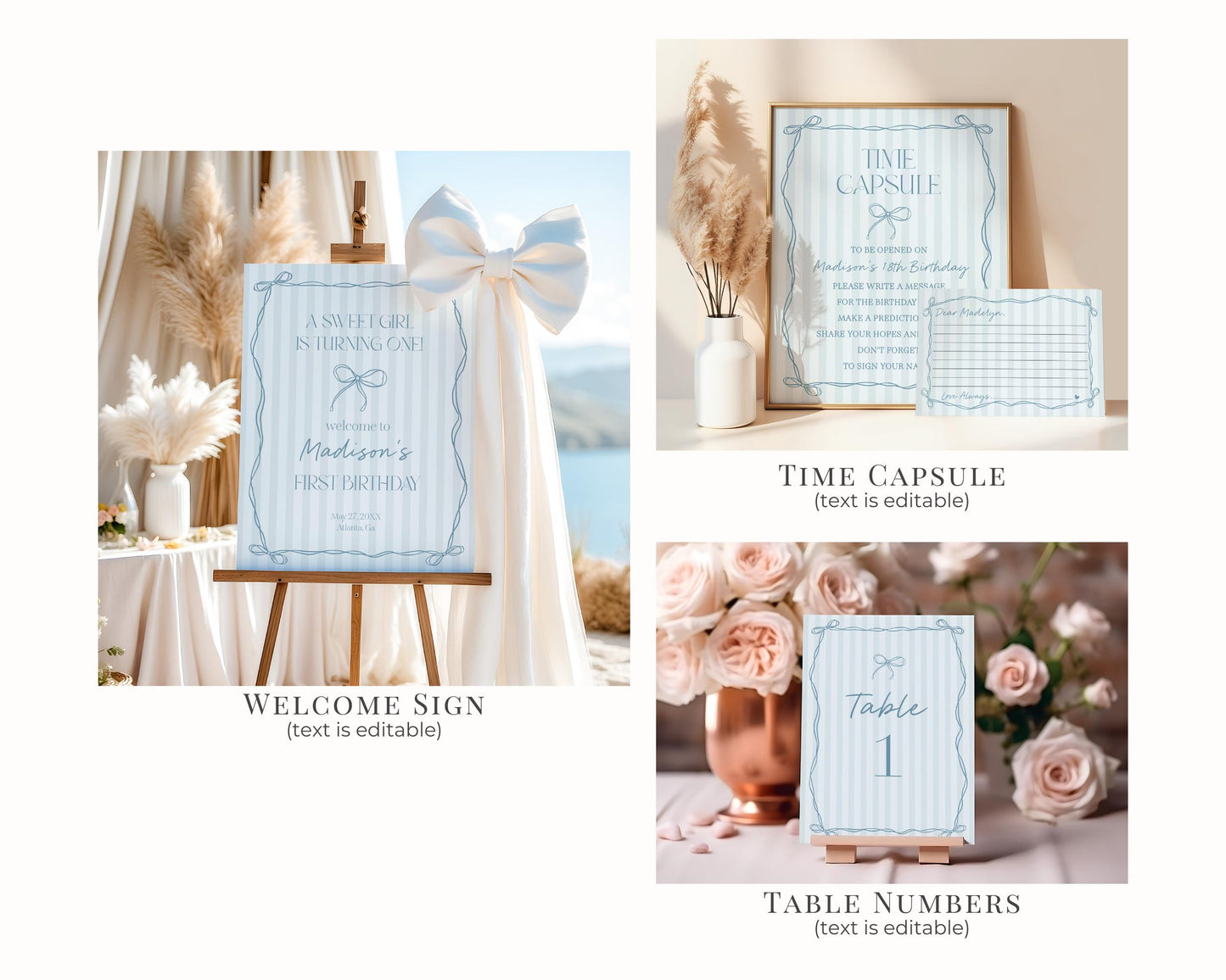Blue Coquette Bow Birthday Bundle Template, Pastel Blue Grandmillennial Theme Birthday Party with Whimsical Hand Drawn Bows WP1061