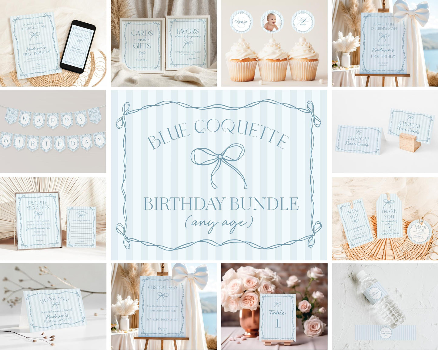 Blue Coquette Bow Birthday Bundle Template, Pastel Blue Grandmillennial Theme Birthday Party with Whimsical Hand Drawn Bows WP1061