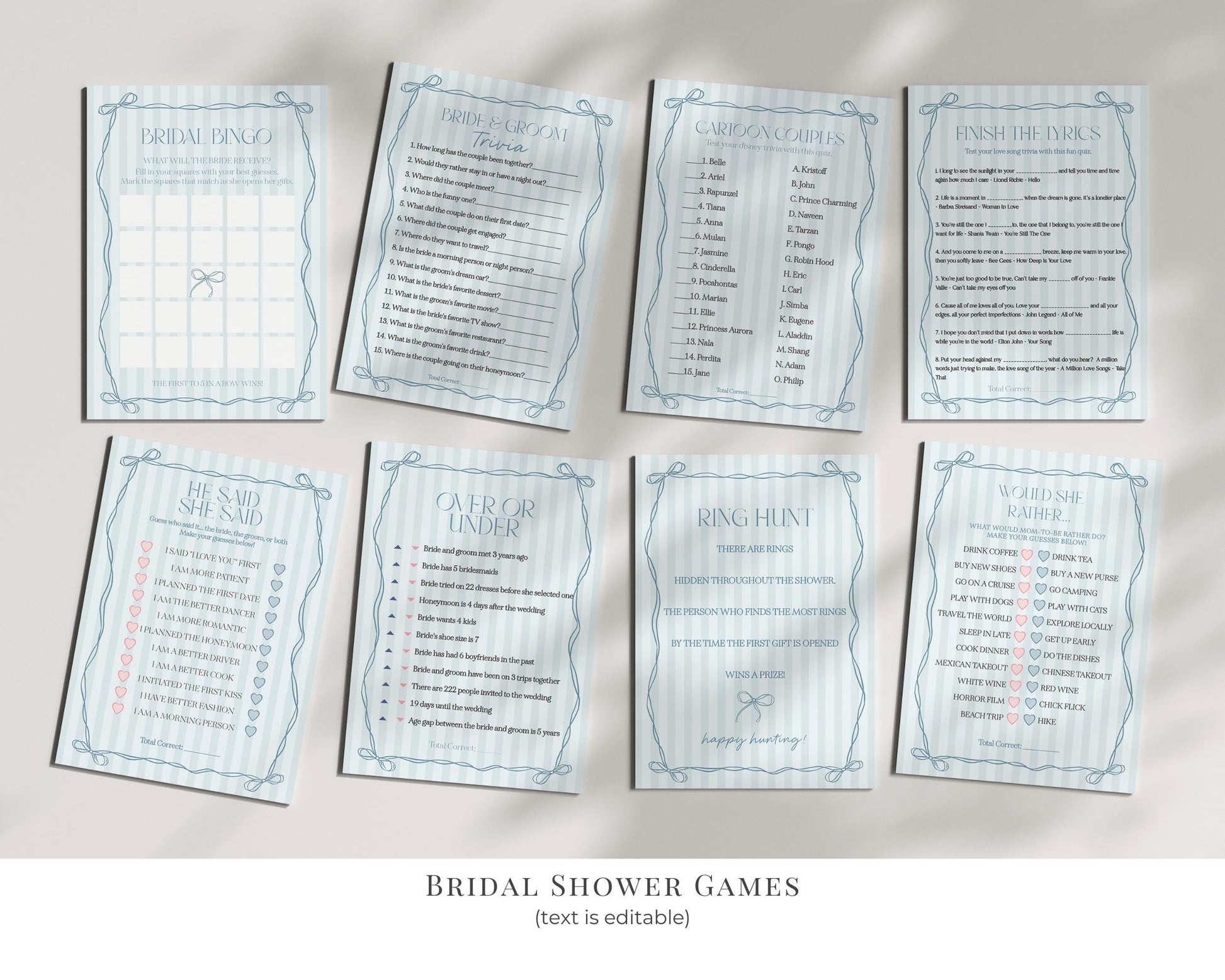 Blue Coquette Bow Bridal Shower Bundle Template, Pastel Something Blue Before I Do Bridal Brunch with Whimsical Tying The Knot Bows WP1061