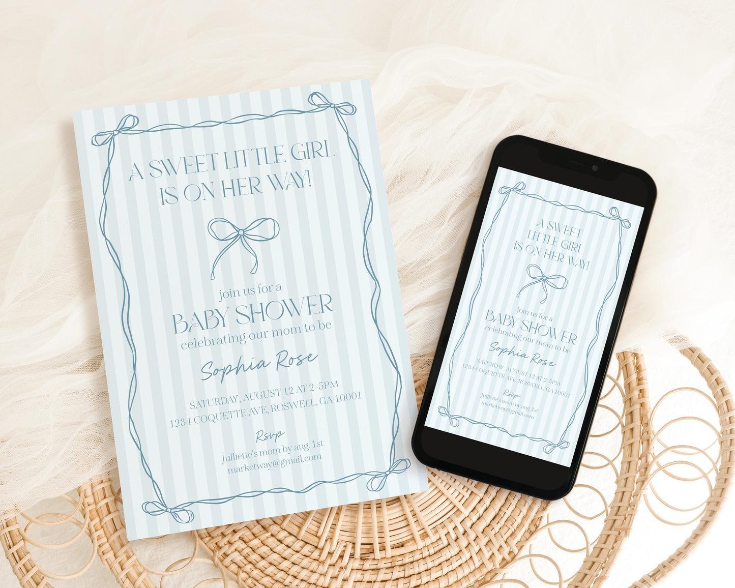 Blue Coquette Bow Baby Shower Invitation Template, Pastel Blue Grandmillennial Theme Baby Sprinkle with Whimsical Hand Drawn Bows WP1061