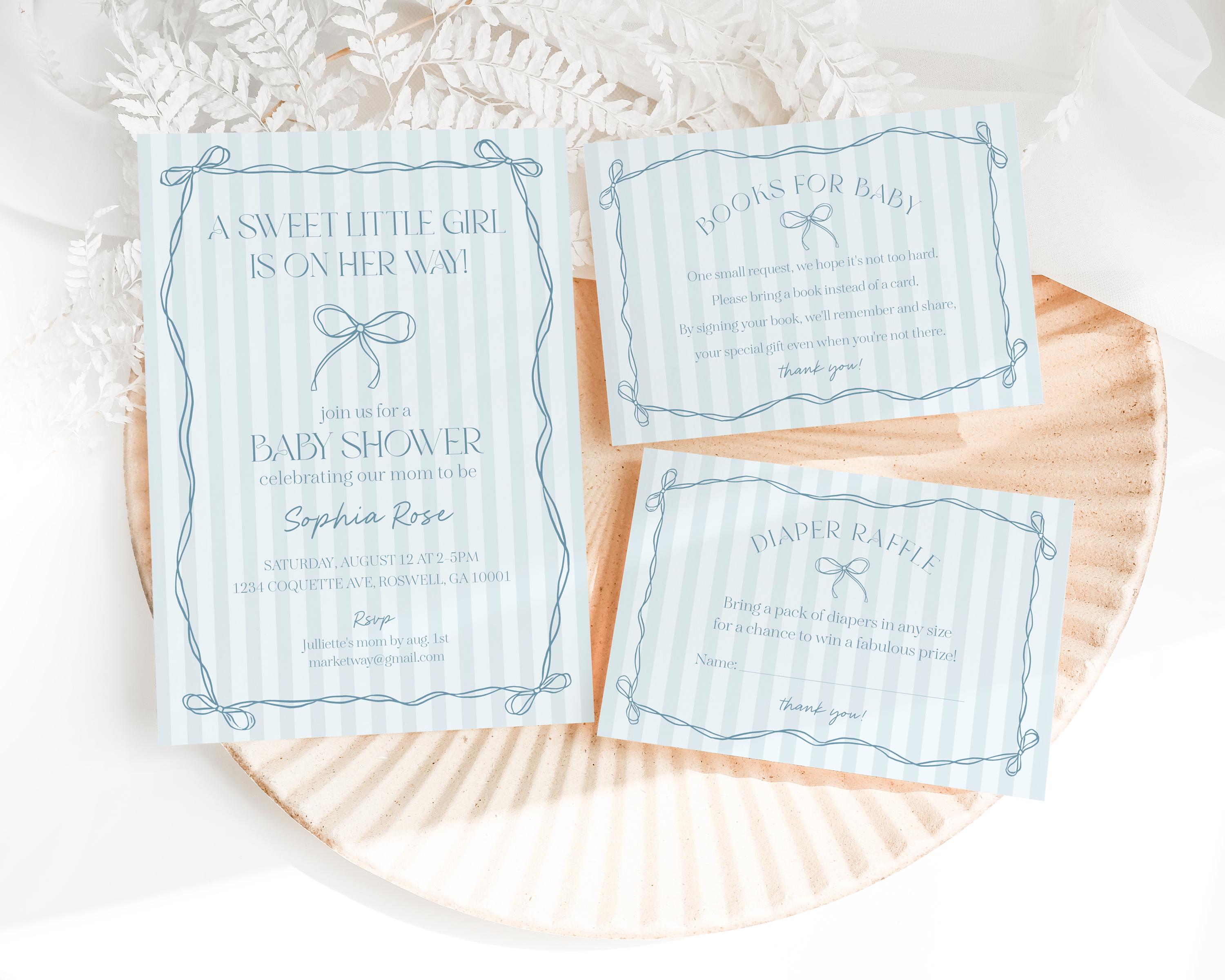 Blue Coquette Bow Baby Shower Invitation Template, Pastel Blue Grandmillennial Theme Baby Sprinkle with Whimsical Hand Drawn Bows WP1061
