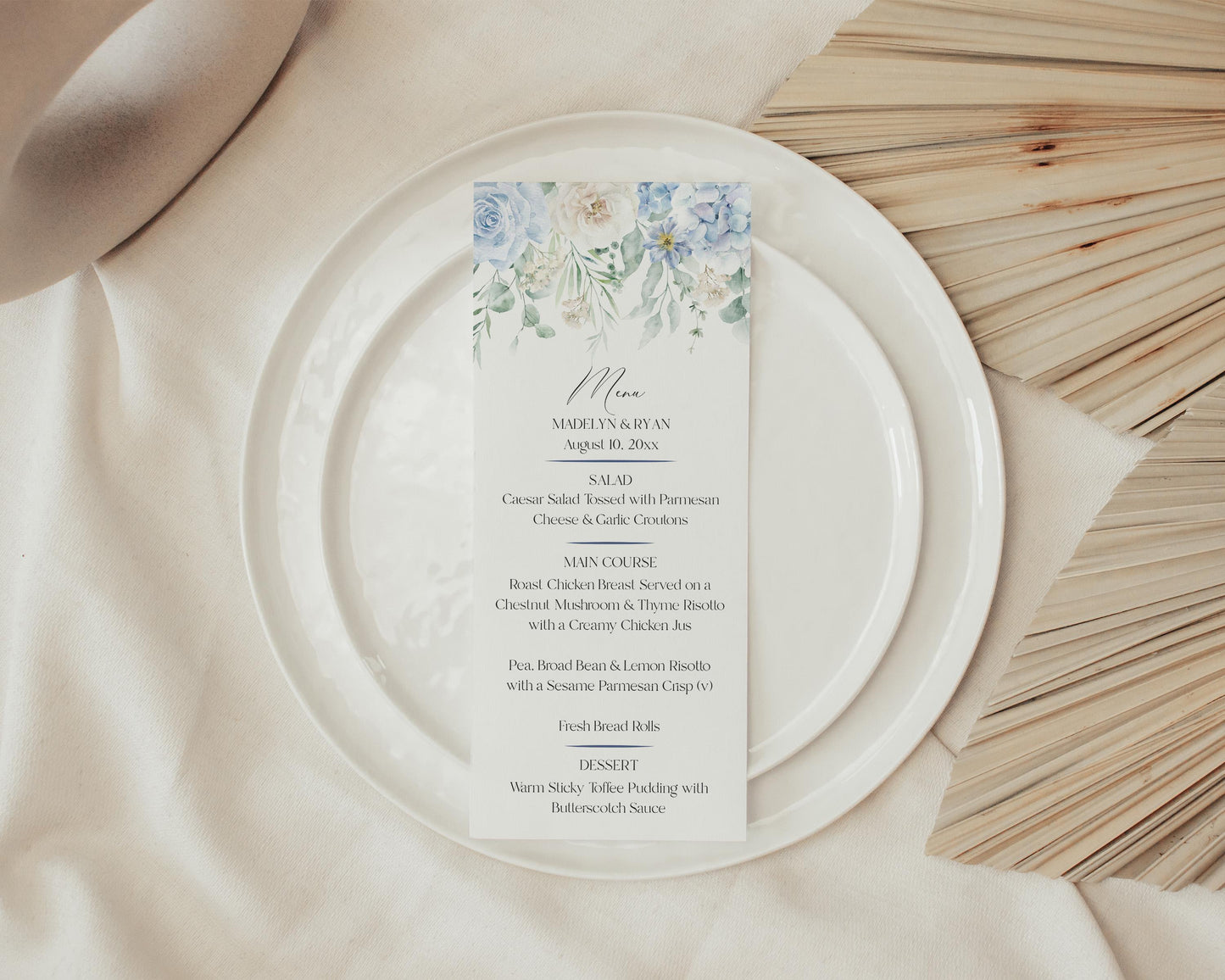 Blue Floral Hydrangea Menu Template, Love is in Bloom Bridal shower, Pastel Floral Birthday Party, Baby in Bloom Baby Shower