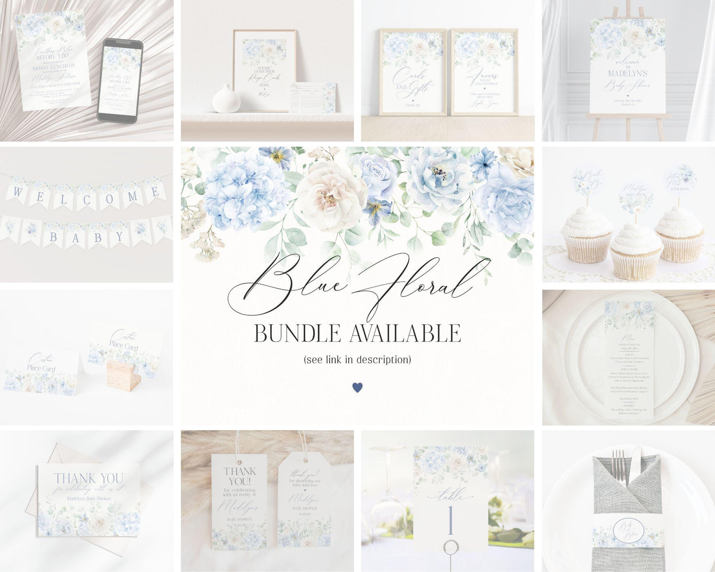 Blue Floral Hydrangea Menu Template, Love is in Bloom Bridal shower, Pastel Floral Birthday Party, Baby in Bloom Baby Shower