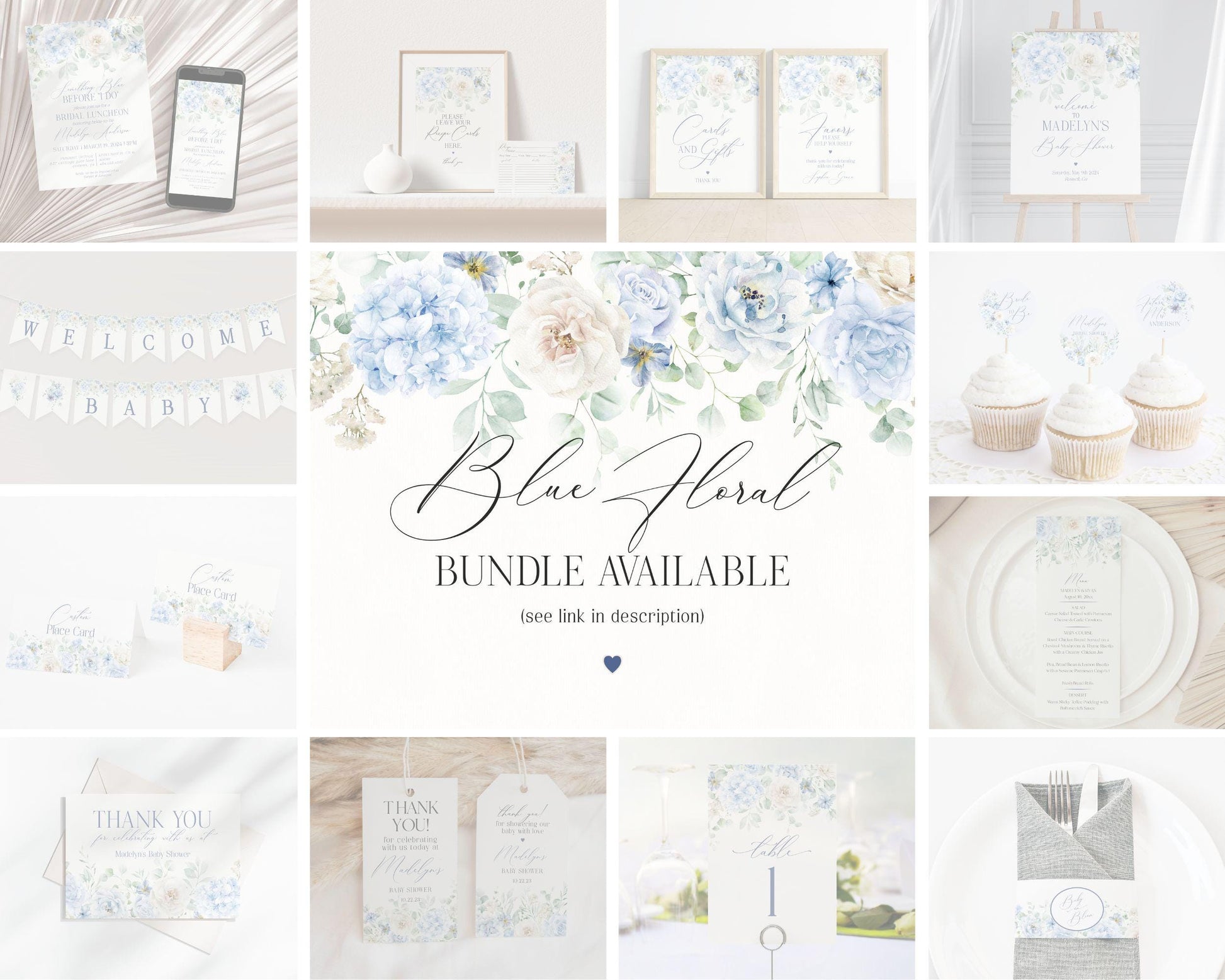 Blue Floral Hydrangea Menu Template, Love is in Bloom Bridal shower, Pastel Floral Birthday Party, Baby in Bloom Baby Shower