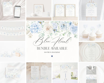 Blue Floral Hydrangea Menu Template, Love is in Bloom Bridal shower, Pastel Floral Birthday Party, Baby in Bloom Baby Shower