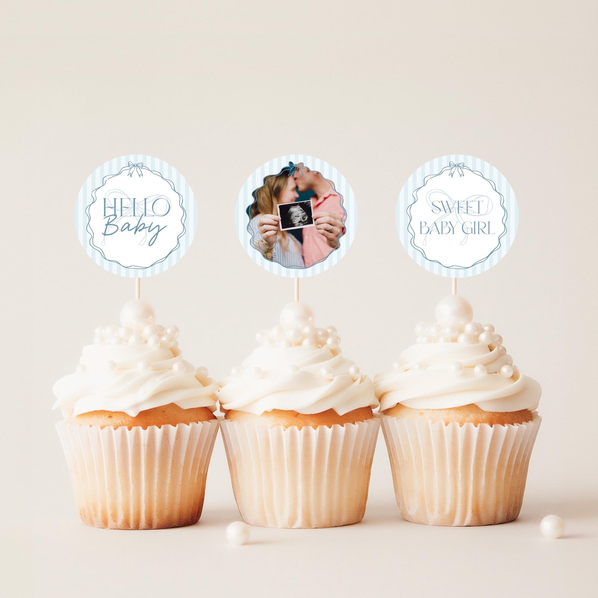 Blue Coquette Bow Baby Shower Cupcake Toppers Template, Pastel Blue Grandmillennial Theme Baby Sprinkle with Whimsical Hand Drawn Bow WP1061