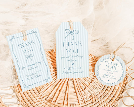 Blue Coquette Bow Bridal Shower Favor Tags Template, Pastel Something Blue Before I Do Bridal Brunch Whimsical Tying The Knot Bows WP1061