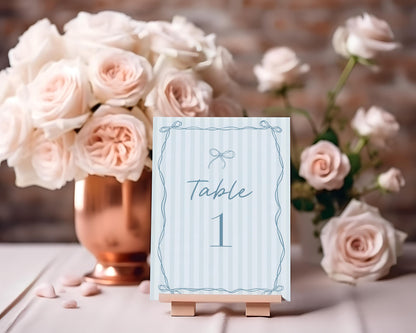 Blue Coquette Bow Table Number Cards Template, Pastel Blue Baby Shower Theme, Something Blue Before I Do Tying the Knot Bridal Shower WP1061
