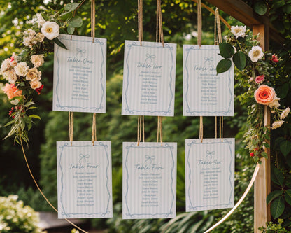 Blue Coquette Bow Seating Chart Cards Template, Pastel Blue Baby Shower Theme Something Blue Before I Do Tying the Knot Bridal Shower WP1061