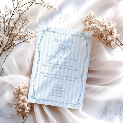Blue Coquette Bow Menu Template, Pastel Blue Baby Shower Theme, Something Blue Before I Do Tying the Knot Bridal Shower, Bow Birthday WP1061