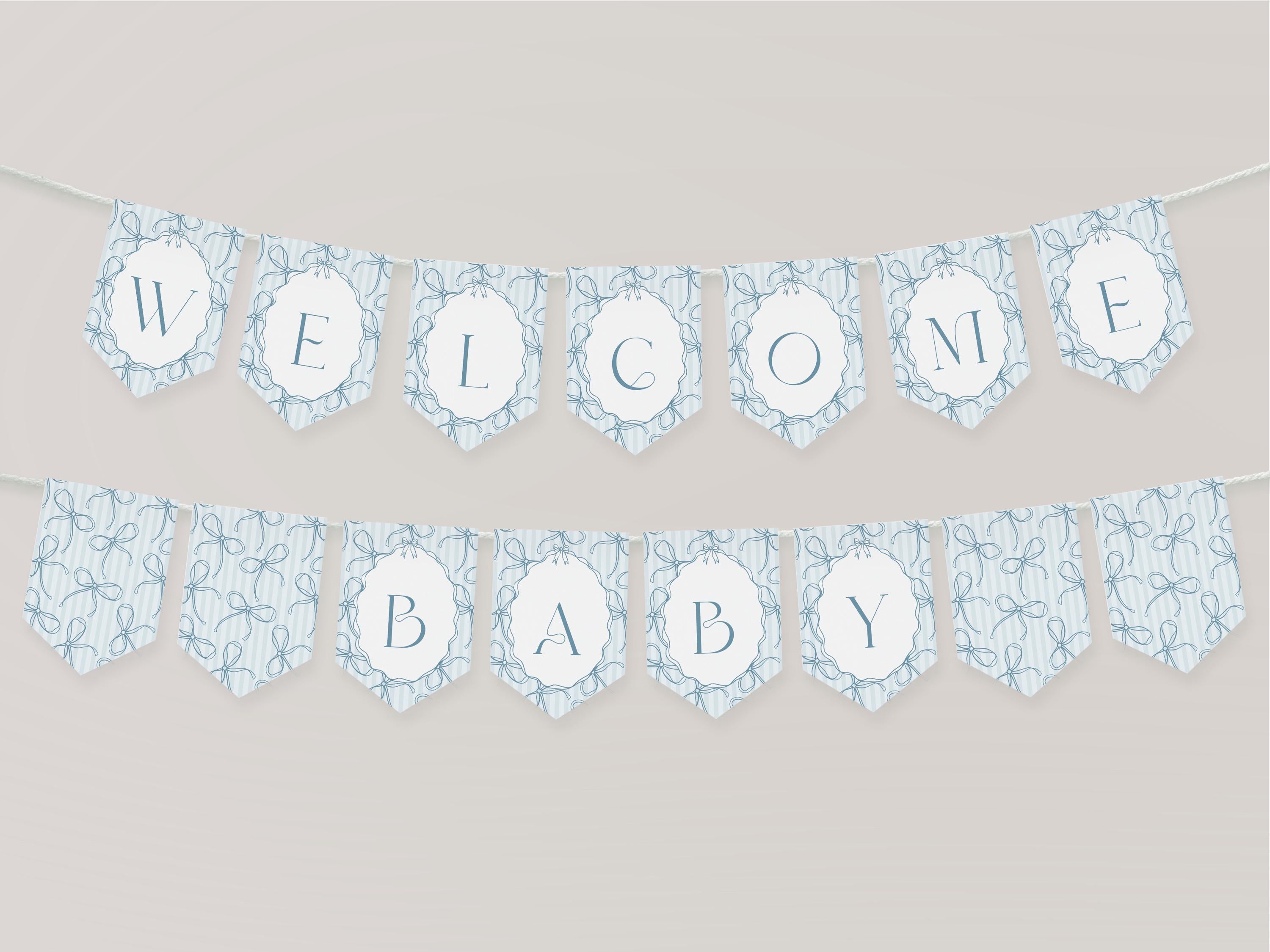 Blue Coquette Bow Baby Shower Banner Template, Pastel Blue Grandmillennial Theme Baby Sprinkle with Whimsical Hand Drawn Bows WP1061