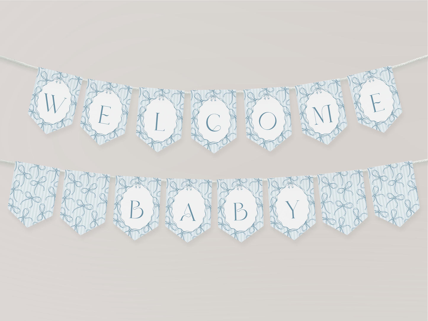 Blue Coquette Bow Baby Shower Banner Template, Pastel Blue Grandmillennial Theme Baby Sprinkle with Whimsical Hand Drawn Bows WP1061
