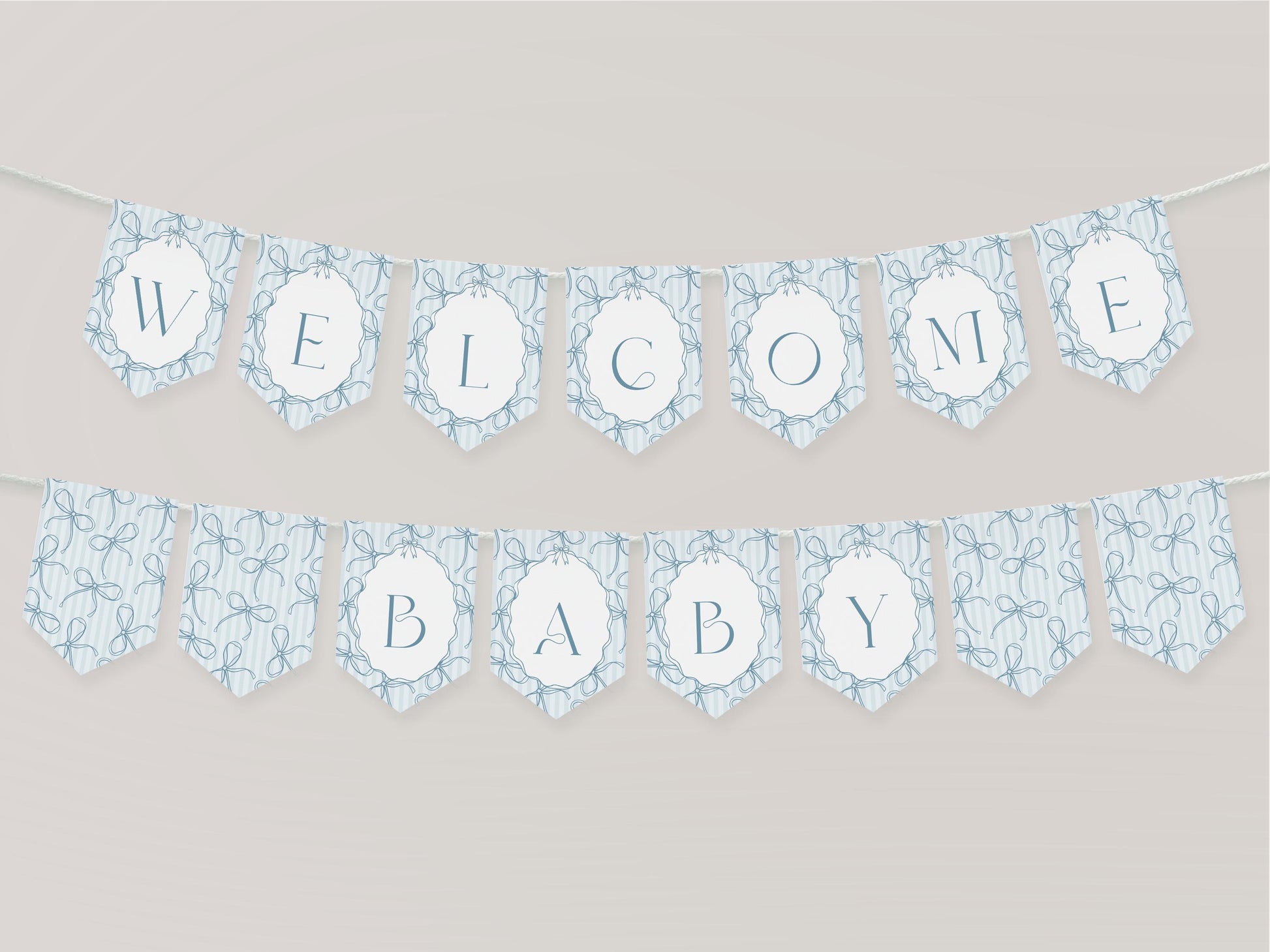 Blue Coquette Bow Baby Shower Banner Template, Pastel Blue Grandmillennial Theme Baby Sprinkle with Whimsical Hand Drawn Bows WP1061