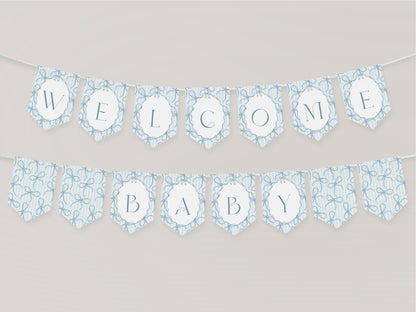 Blue Coquette Bow Baby Shower Banner Template, Pastel Blue Grandmillennial Theme Baby Sprinkle with Whimsical Hand Drawn Bows WP1061