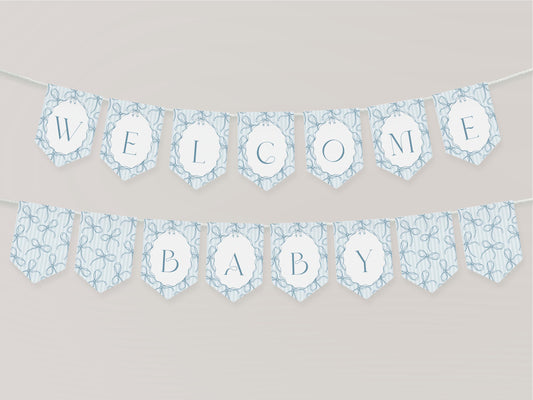 Blue Coquette Bow Baby Shower Banner Template, Pastel Blue Grandmillennial Theme Baby Sprinkle with Whimsical Hand Drawn Bows WP1061
