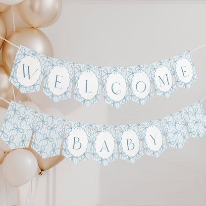 Blue Coquette Bow Baby Shower Banner Template, Pastel Blue Grandmillennial Theme Baby Sprinkle with Whimsical Hand Drawn Bows WP1061