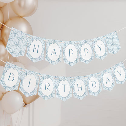 Blue Coquette Bow Birthday Party Banner Template, Pastel Blue Grandmillennial Theme 1st Birthday Party with Whimsical Hand Drawn Bows WP1061