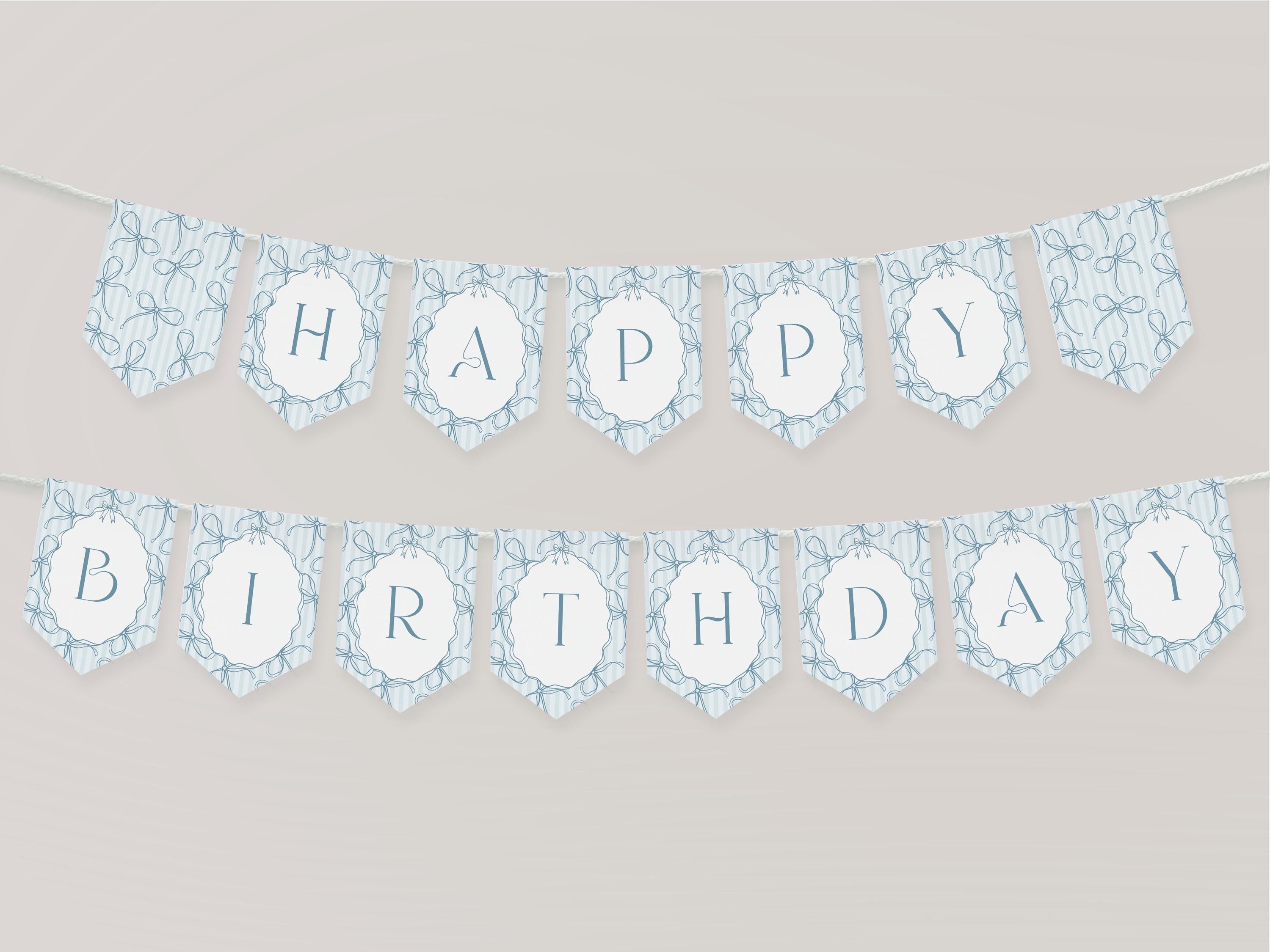 Blue Coquette Bow Birthday Party Banner Template, Pastel Blue Grandmillennial Theme 1st Birthday Party with Whimsical Hand Drawn Bows WP1061