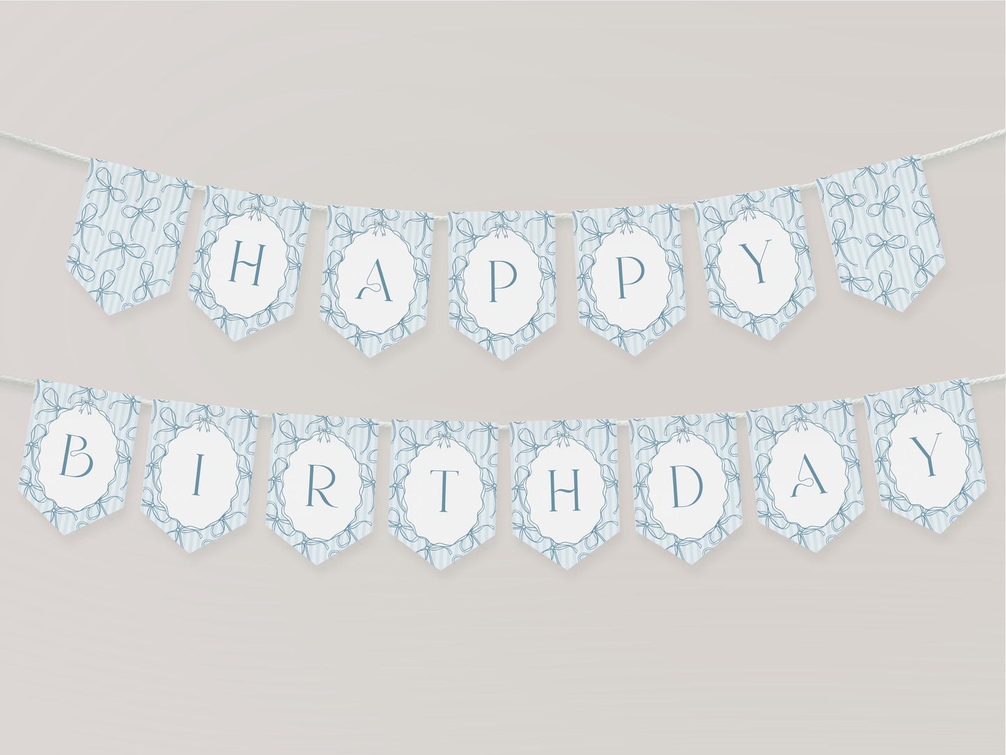 Blue Coquette Bow Birthday Party Banner Template, Pastel Blue Grandmillennial Theme 1st Birthday Party with Whimsical Hand Drawn Bows WP1061
