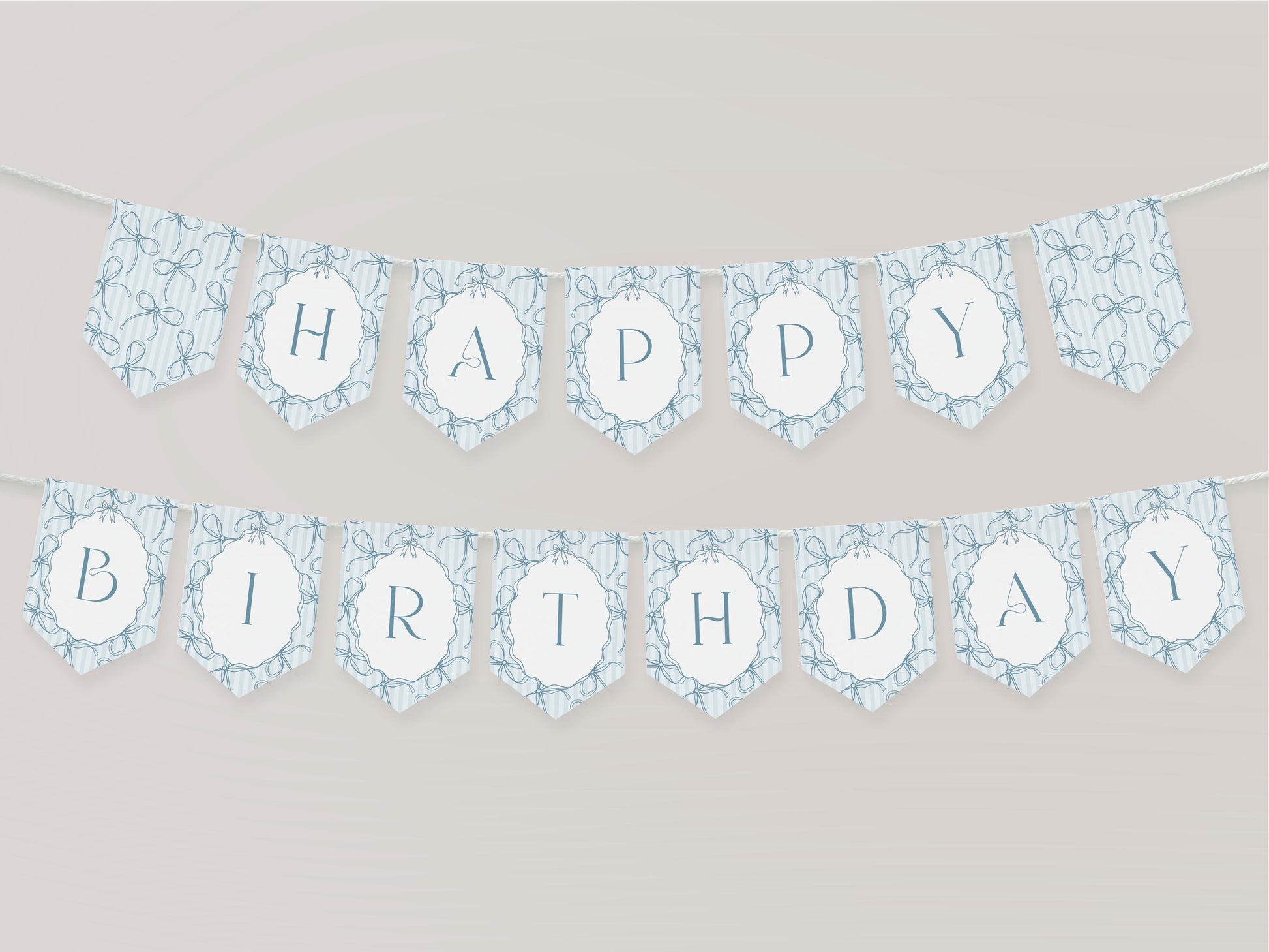 Blue Coquette Bow Birthday Party Banner Template, Pastel Blue Grandmillennial Theme 1st Birthday Party with Whimsical Hand Drawn Bows WP1061
