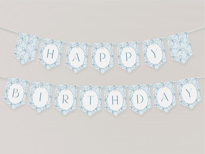 Blue Coquette Bow Birthday Party Banner Template, Pastel Blue Grandmillennial Theme 1st Birthday Party with Whimsical Hand Drawn Bows WP1061