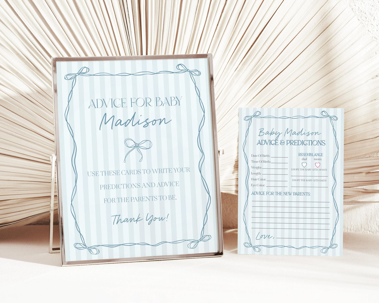 Blue Coquette Bow Advice for Baby Cards Template, Pastel Blue Grandmillennial Theme Baby Sprinkle with Whimsical Hand Drawn Bows WP1061