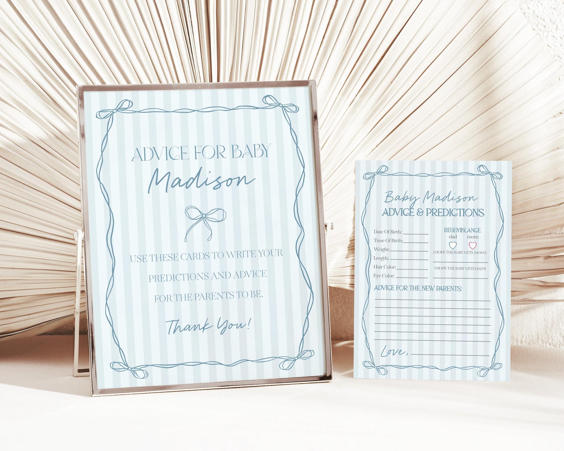 Blue Coquette Bow Advice for Baby Cards Template, Pastel Blue Grandmillennial Theme Baby Sprinkle with Whimsical Hand Drawn Bows WP1061
