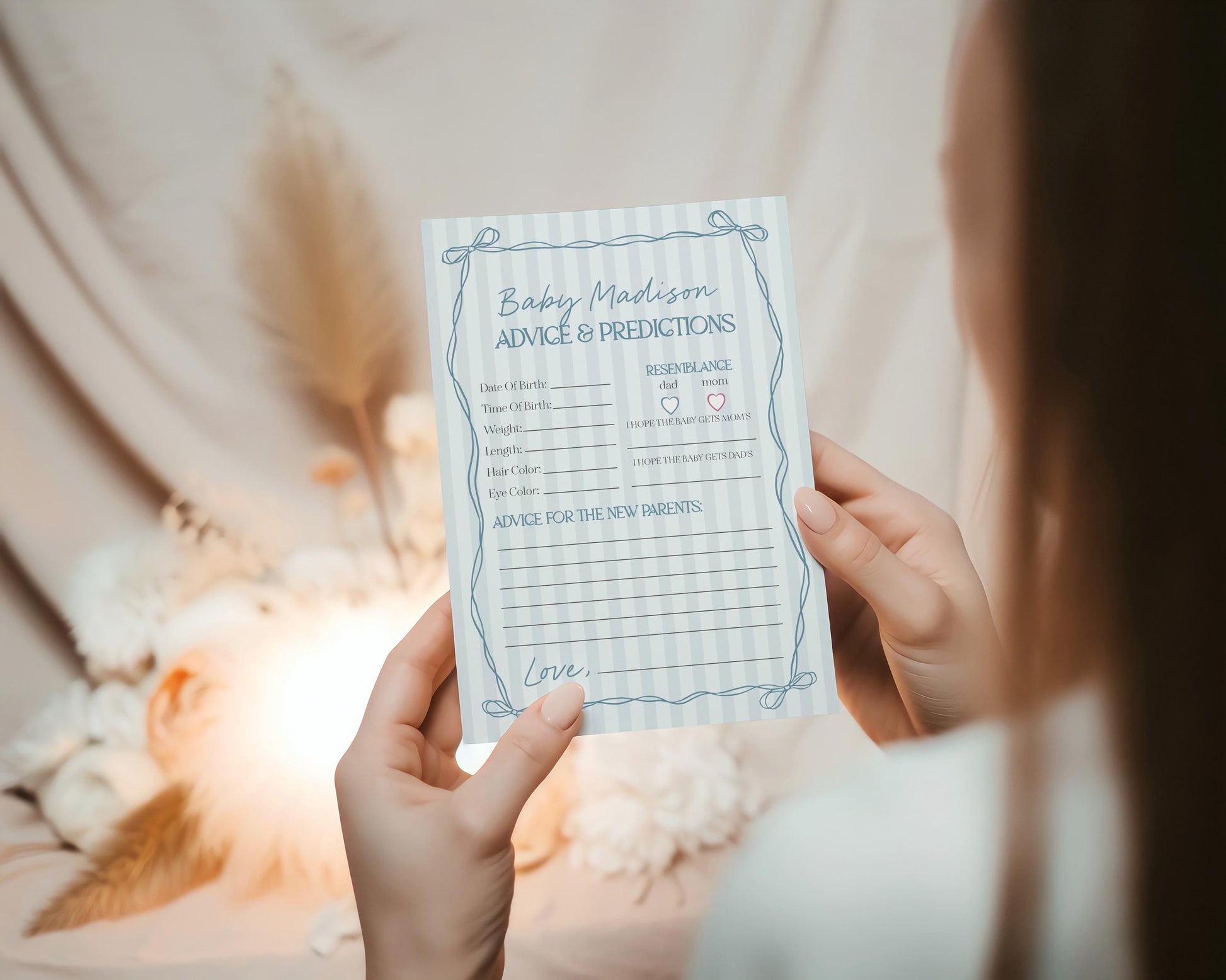 Blue Coquette Bow Advice for Baby Cards Template, Pastel Blue Grandmillennial Theme Baby Sprinkle with Whimsical Hand Drawn Bows WP1061