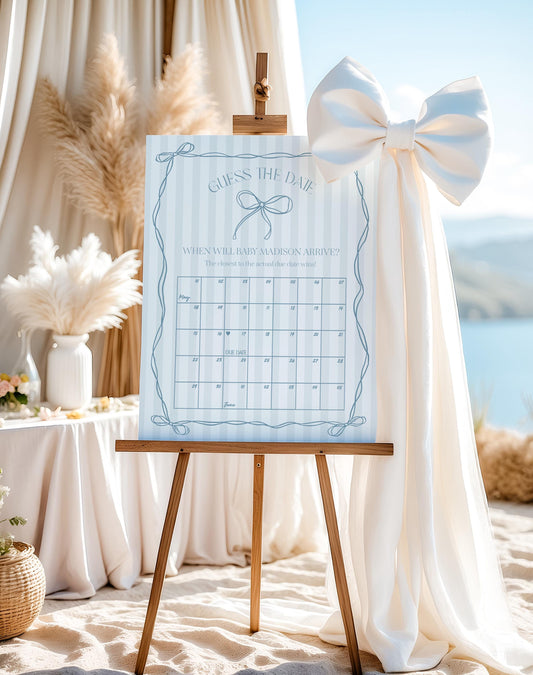 Blue Coquette Bow Baby Shower Guess the Date Game Template, Pastel Blue Grandmillennial Theme Baby Sprinkle Whimsical Hand Drawn Bows WP1061