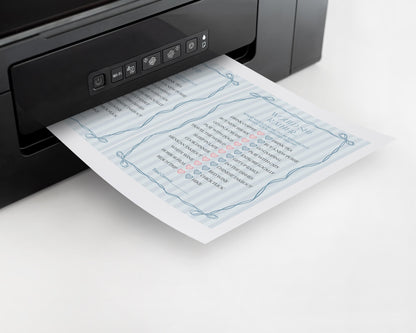 Blue Coquette Bow Bridal Shower Games Set Template, Pastel Something Blue Before I Do Bridal Brunch with Whimsical Tying The Knot Bow WP1061