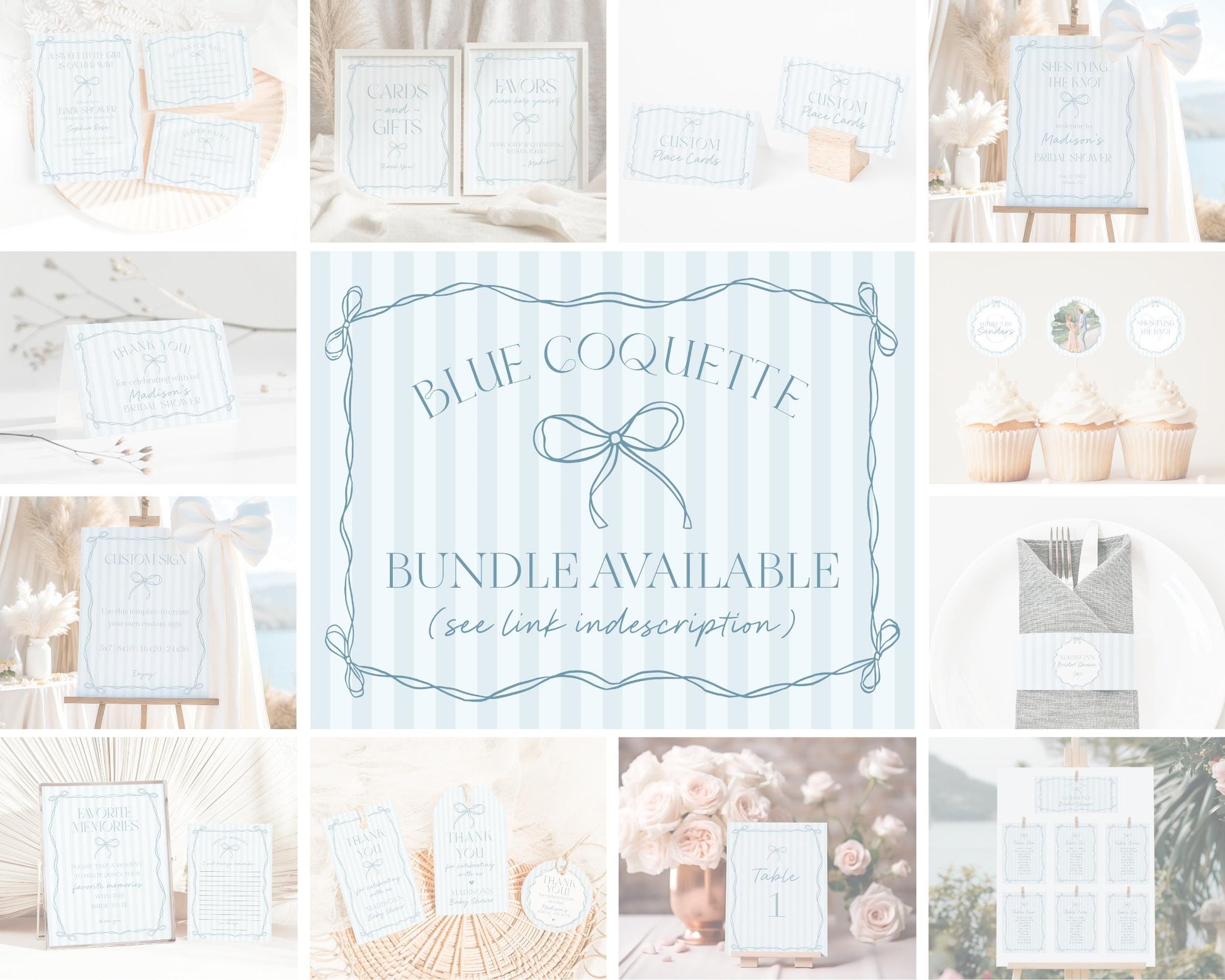Blue Coquette Bow First Year Milestone Sign Template, Pastel Blue Grandmillennial Theme 1st Birthday Party Whimsical Hand Drawn Bows WP1061
