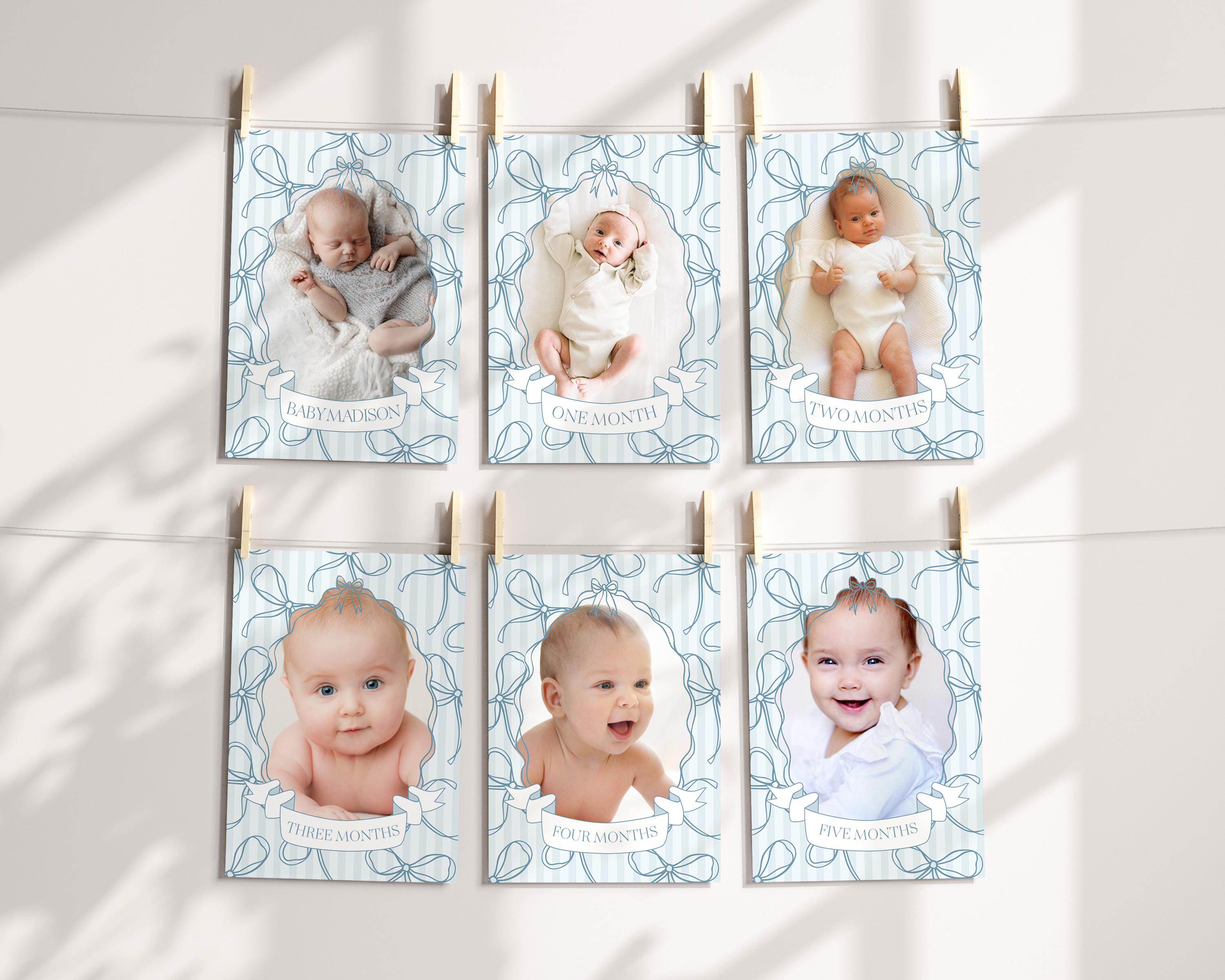 Blue Coquette Bow 1st Birthday Milestone Banner Template, Pastel Blue Grandmillennial Theme 1st Birthday Party Whimsical Bow WP1061