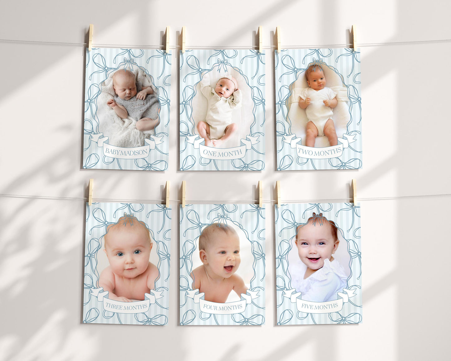 Blue Coquette Bow 1st Birthday Milestone Banner Template, Pastel Blue Grandmillennial Theme 1st Birthday Party Whimsical Bow WP1061